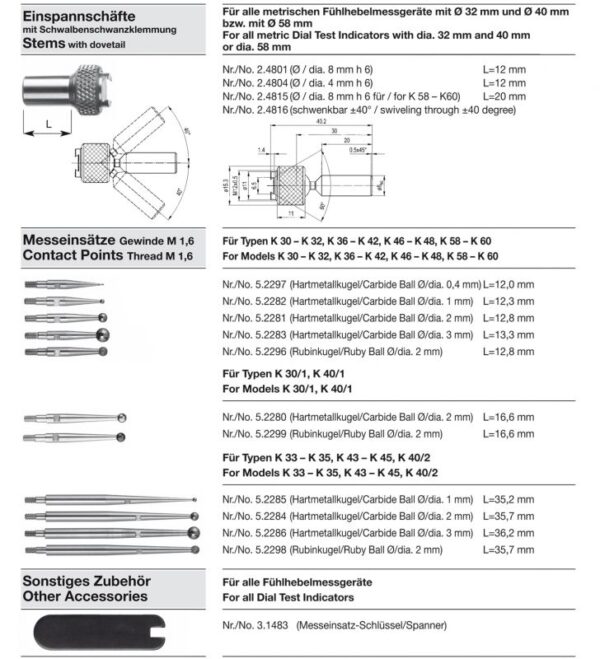 Accessories for Metric Dial Test Indicators